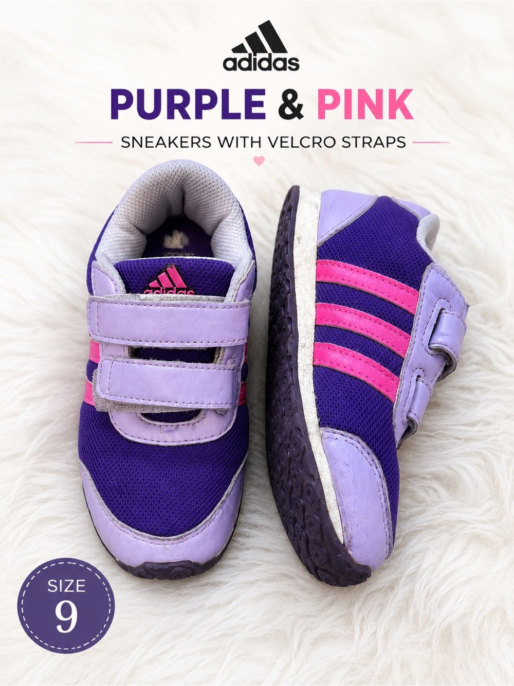 Adidas Girls Purple Pink Velcro Sneakers Size 9 Toddler Athletic